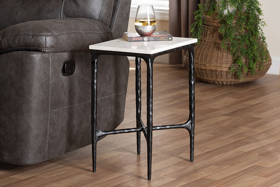 Baxton Studio Akanji Marble End Table - Modern Rustic Accent Table with Hand-Forged Metal Frame for Living Room or Seating Areas, Rectangle