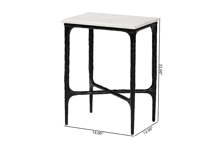 Baxton Studio Akanji Marble End Table - Modern Rustic Accent Table with Hand-Forged Metal Frame for Living Room or Seating Areas, Rectangle