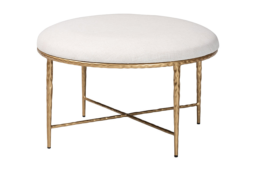 Baxton Studio Fumiye Cocktail Ottoman - Modern Rustic Accent Stool with Hand-Forged Metal Frame and Upholstered Seat for Living Room or Sitting Room, Round 30"