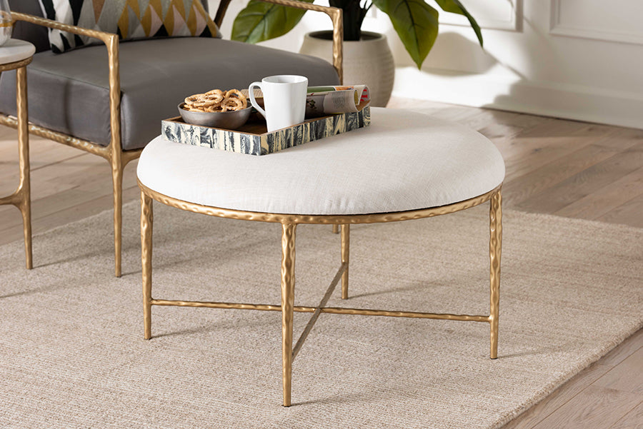 Baxton Studio Fumiye Cocktail Ottoman - Modern Rustic Accent Stool with Hand-Forged Metal Frame and Upholstered Seat for Living Room or Sitting Room, Round 30"