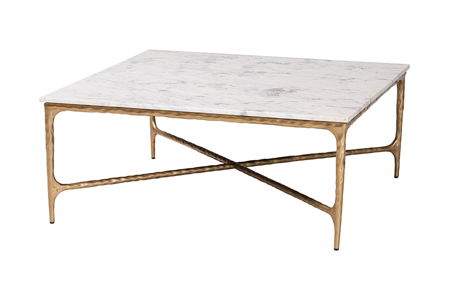 Baxton Studio Akanji Marble Coffee Table - Modern Rustic Accent Table with Hand-Forged Metal Frame for Living Room or Seating Areas, Square