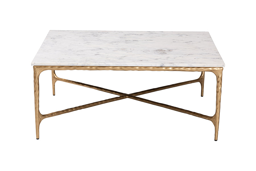 Baxton Studio Akanji Marble Coffee Table - Modern Rustic Accent Table with Hand-Forged Metal Frame for Living Room or Seating Areas, Square