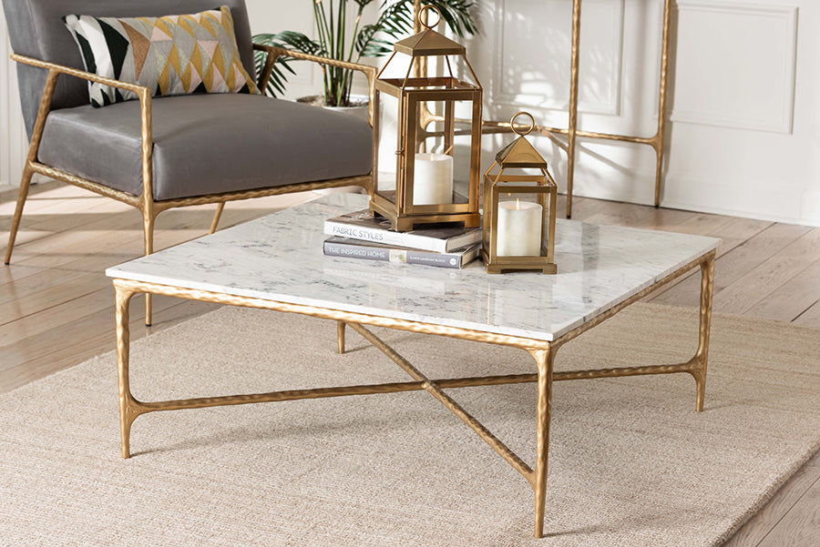 Baxton Studio Akanji Marble Coffee Table - Modern Rustic Accent Table with Hand-Forged Metal Frame for Living Room or Seating Areas, Square