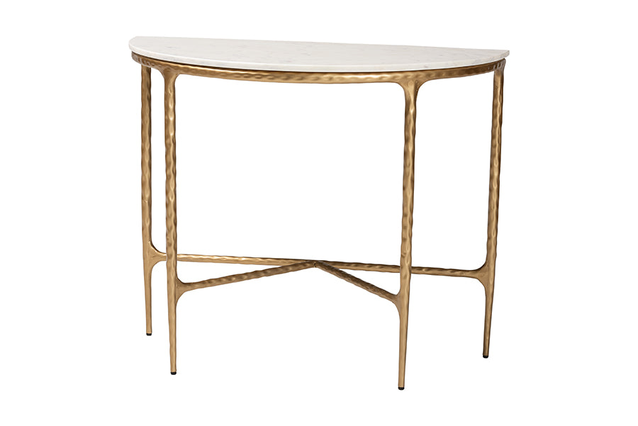 Baxton Studio Akanji Marble Console Table - Modern Rustic Accent Table with Hand-Forged Metal Frame and Half-Moon Tabletop