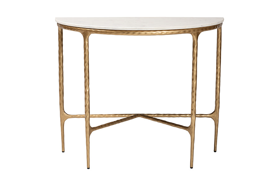 Baxton Studio Akanji Marble Console Table - Modern Rustic Accent Table with Hand-Forged Metal Frame and Half-Moon Tabletop