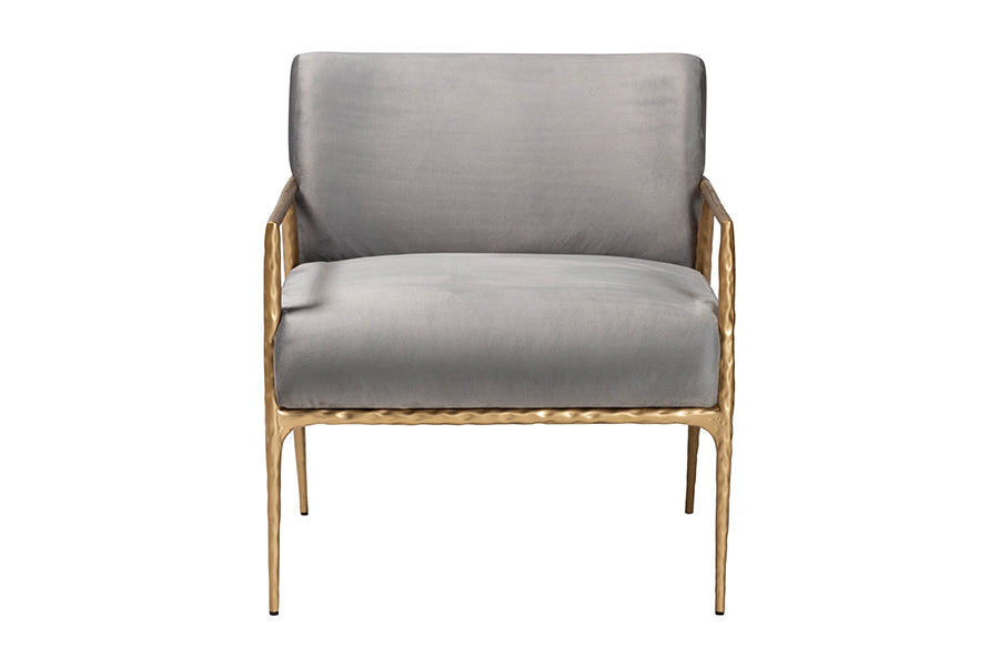 Baxton Studio Ilmari Velvet Lounge Chair with Track Arms - Modern Rustic Armchair with Hand-Forged Metal Frame for Living Room or Lounge