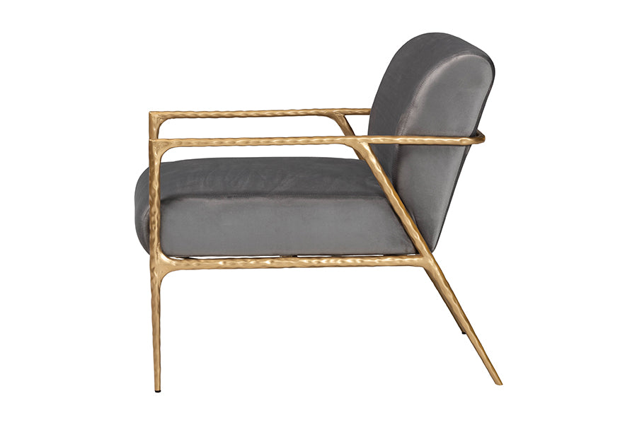 Baxton Studio Ilmari Velvet Lounge Chair with Track Arms - Modern Rustic Armchair with Hand-Forged Metal Frame for Living Room or Lounge