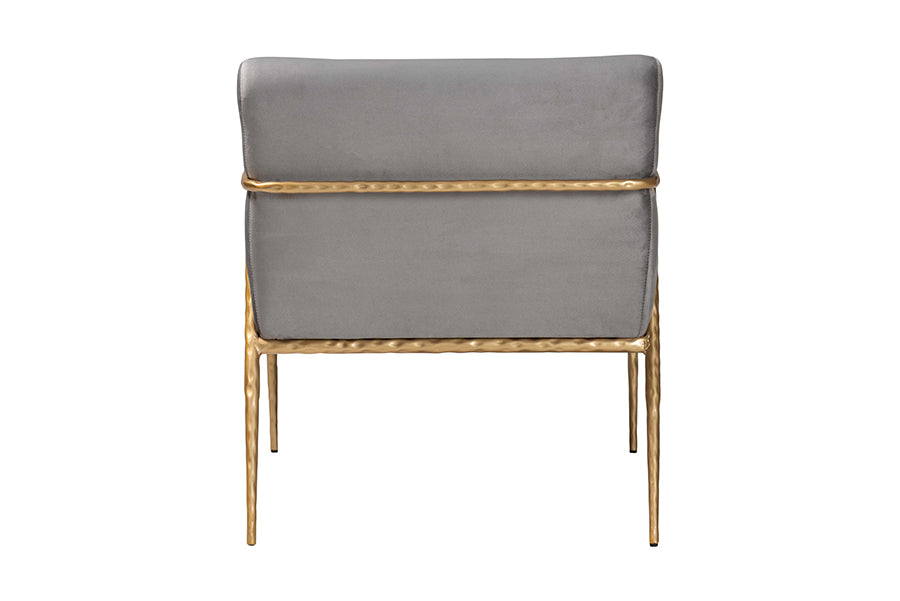 Baxton Studio Ilmari Velvet Lounge Chair with Track Arms - Modern Rustic Armchair with Hand-Forged Metal Frame for Living Room or Lounge
