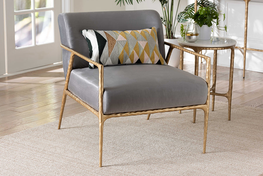 Baxton Studio Ilmari Velvet Lounge Chair with Track Arms - Modern Rustic Armchair with Hand-Forged Metal Frame for Living Room or Lounge
