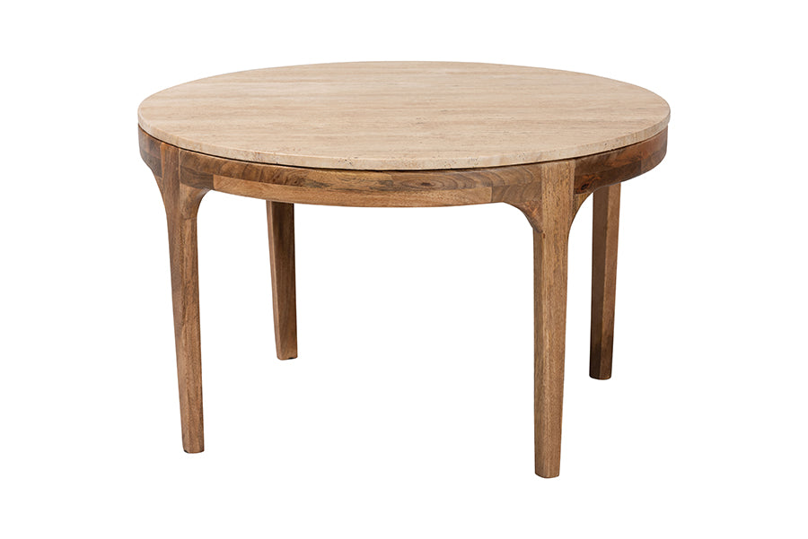 Baxton Studio Prospero Round Travertine Coffee Table - Modern Accent Table with Mango Wood Frame for Living Room or Seating Areas