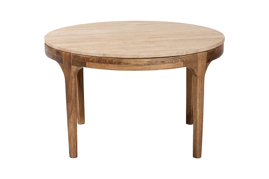 Baxton Studio Prospero Round Travertine Coffee Table - Modern Accent Table with Mango Wood Frame for Living Room or Seating Areas