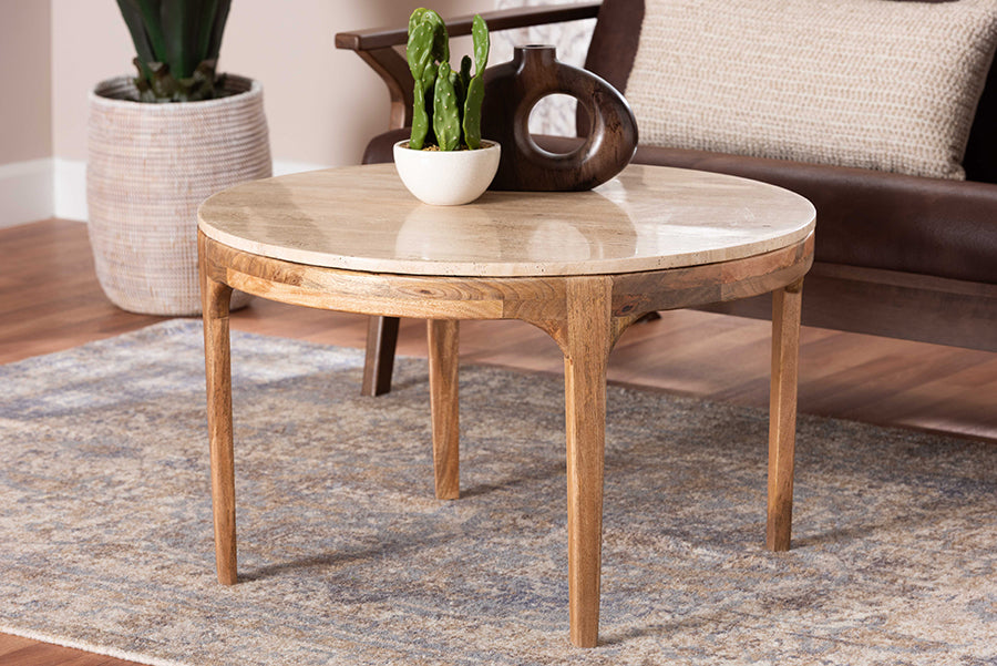 Baxton Studio Prospero Round Travertine Coffee Table - Modern Accent Table with Mango Wood Frame for Living Room or Seating Areas
