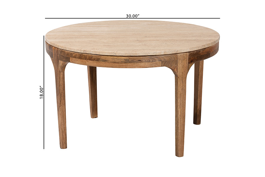 Baxton Studio Prospero Round Travertine Coffee Table - Modern Accent Table with Mango Wood Frame for Living Room or Seating Areas