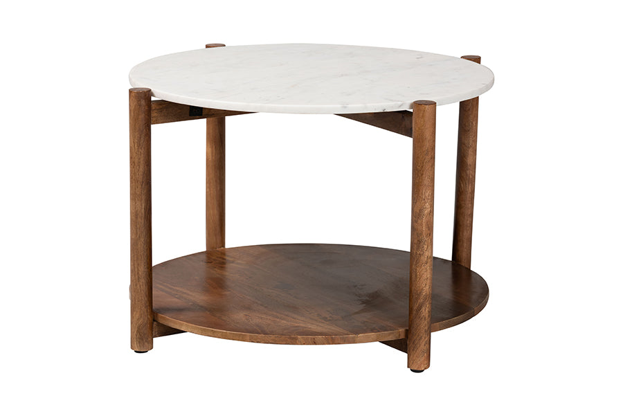 Baxton Studio Quindalyn Round Marble Coffee Table - Modern Accent Table with Mango Wood Frame and Open Shelf Storage for Living Room or Seating Areas