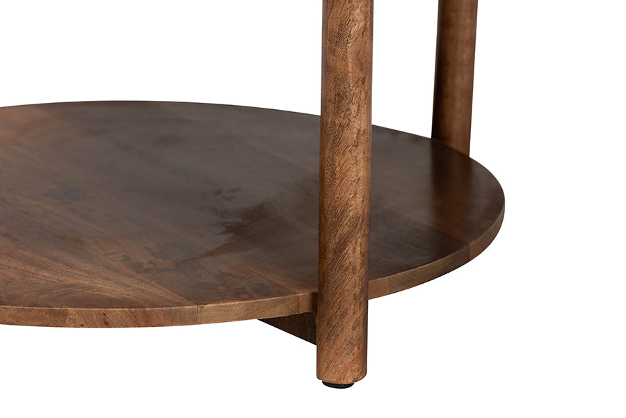 Baxton Studio Quindalyn Round Marble Coffee Table - Modern Accent Table with Mango Wood Frame and Open Shelf Storage for Living Room or Seating Areas
