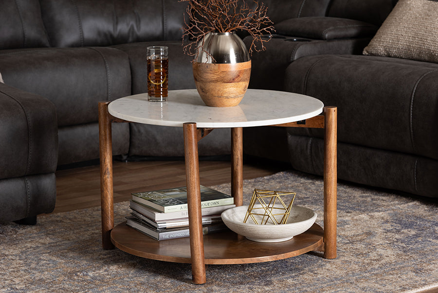 Baxton Studio Quindalyn Round Marble Coffee Table - Modern Accent Table with Mango Wood Frame and Open Shelf Storage for Living Room or Seating Areas