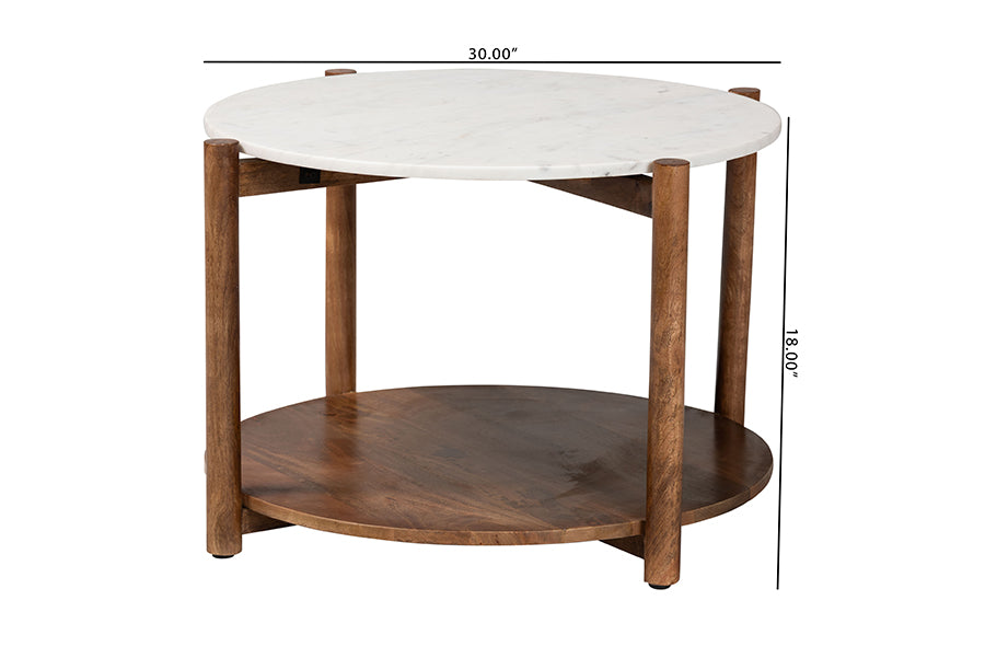 Baxton Studio Quindalyn Round Marble Coffee Table - Modern Accent Table with Mango Wood Frame and Open Shelf Storage for Living Room or Seating Areas