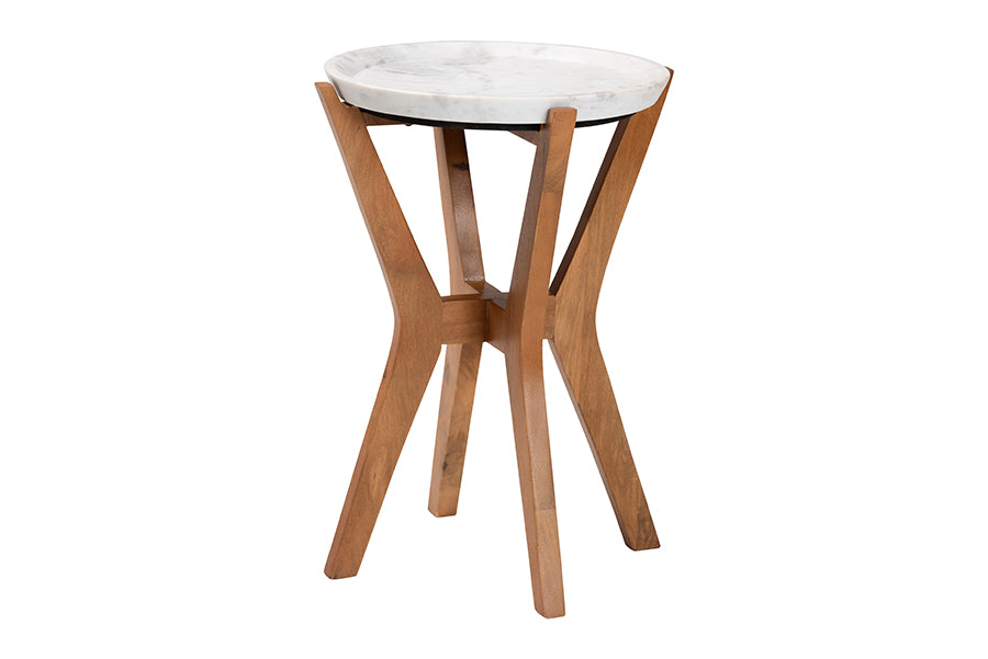 Baxton Studio Phaedra Round Marble End Table - Modern Accent Table with Mango Wood Frame and Tray Tabletop for Living Room or Seating Area