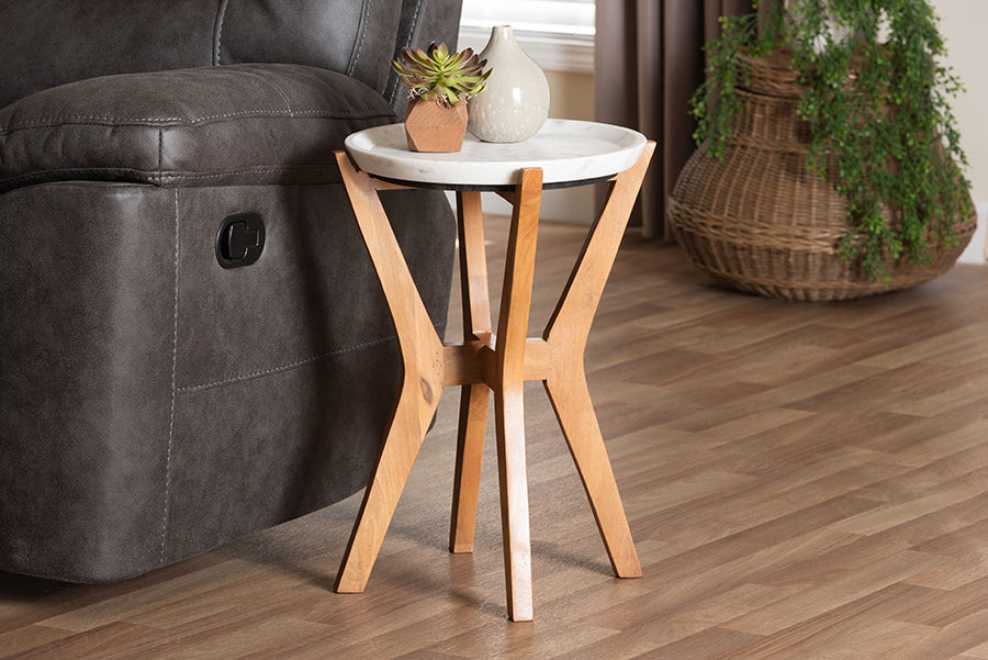 Baxton Studio Phaedra Round Marble End Table - Modern Accent Table with Mango Wood Frame and Tray Tabletop for Living Room or Seating Area