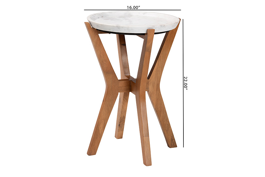 Baxton Studio Phaedra Round Marble End Table - Modern Accent Table with Mango Wood Frame and Tray Tabletop for Living Room or Seating Area
