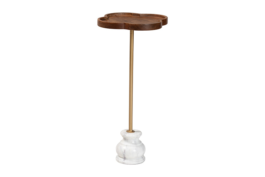 Baxton Studio Gezana Drink Table with Marble Base - Compact Pedestal Accent Table with Clover Tray Top for Living Room or Sofa Side