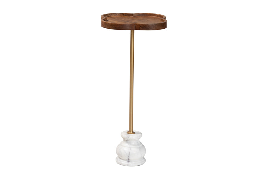 Baxton Studio Gezana Drink Table with Marble Base - Compact Pedestal Accent Table with Clover Tray Top for Living Room or Sofa Side