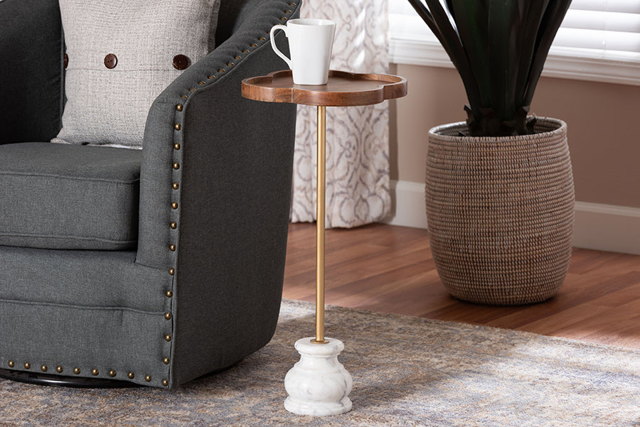 Baxton Studio Gezana Drink Table with Marble Base - Compact Pedestal Accent Table with Clover Tray Top for Living Room or Sofa Side