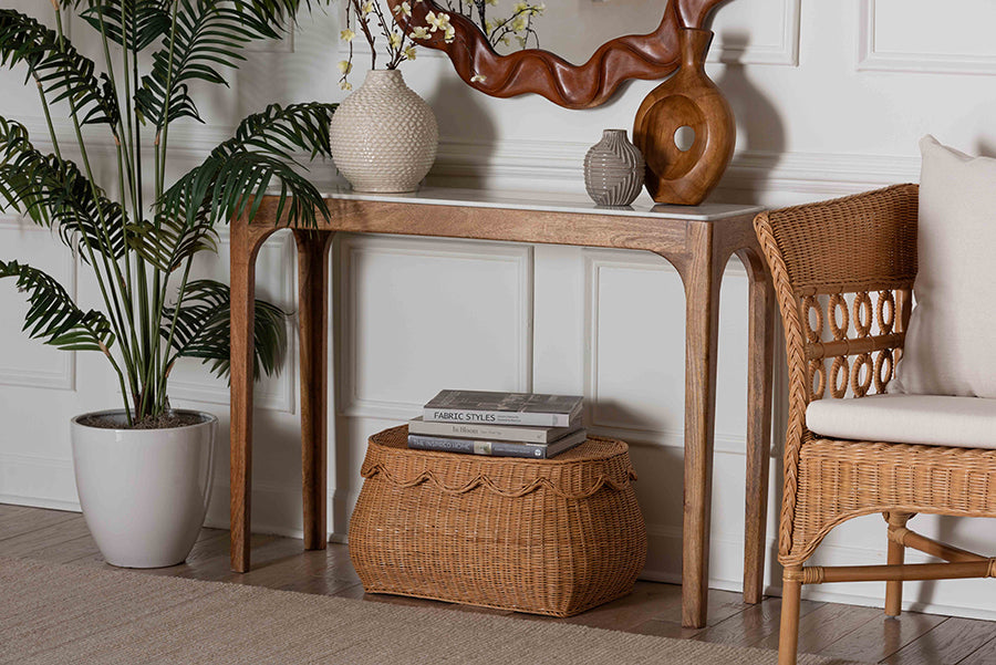 Baxton Studio Lluvia Slim Marble Console Table - Modern Accent Table with Mango Wood Frame for Entryway, Hallway, or Living Room