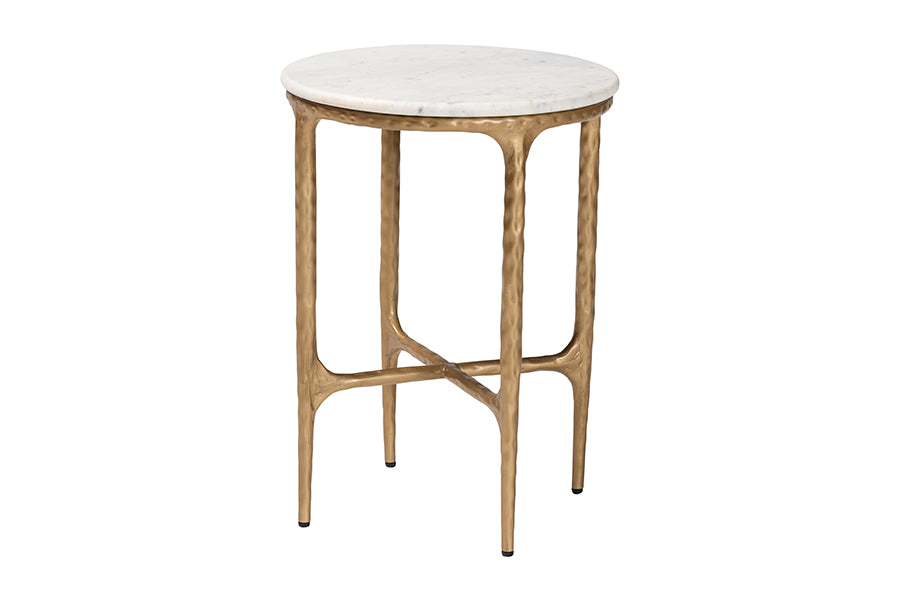 Baxton Studio Akanji Marble End Table - Modern Rustic Accent Table with Hand-Forged Metal Frame for Living Room or Seating Areas, Round