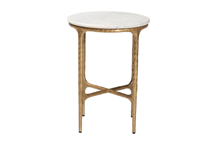Baxton Studio Akanji Marble End Table - Modern Rustic Accent Table with Hand-Forged Metal Frame for Living Room or Seating Areas, Round