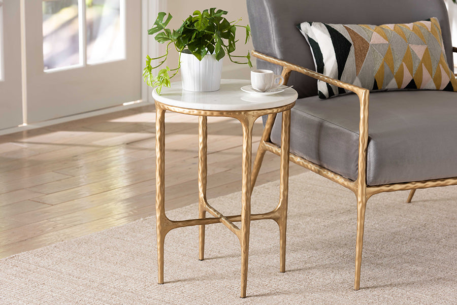 Baxton Studio Akanji Marble End Table - Modern Rustic Accent Table with Hand-Forged Metal Frame for Living Room or Seating Areas, Round