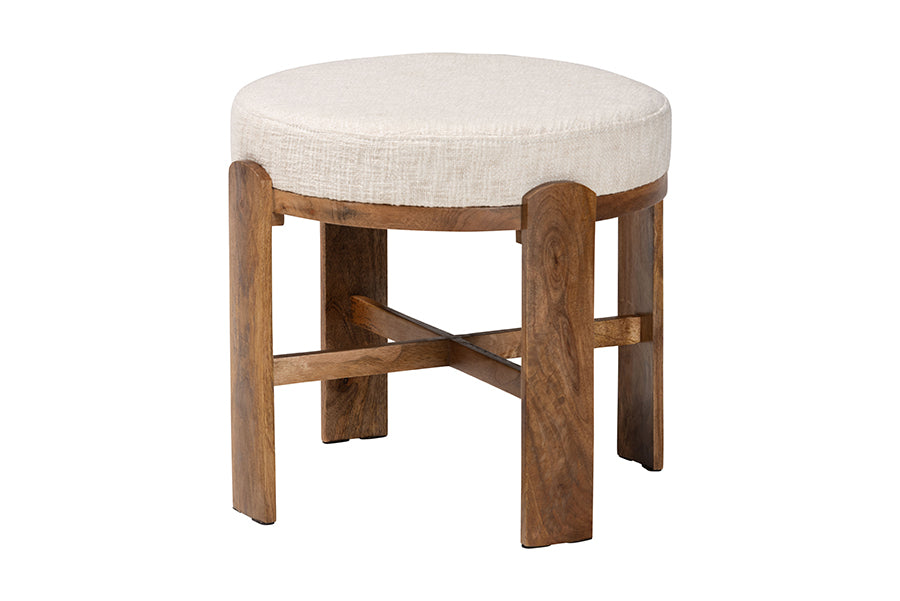 Baxton Studio Whitfield Round Fabric Ottoman Stool - Modern Accent Seating or Footstool with Upholstered Cushion and Mango Wood Frame for Living Room, Bedroom, or Lounge Seating