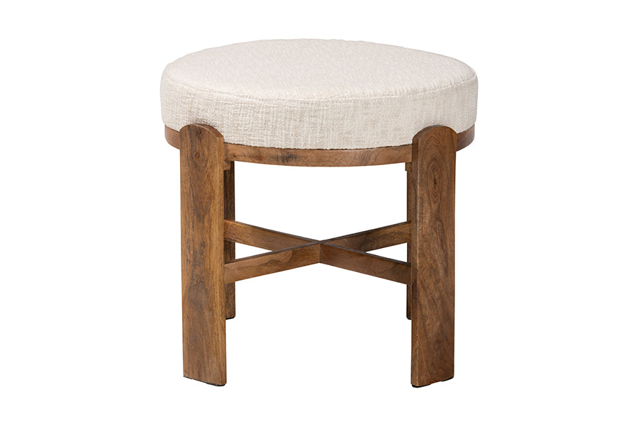 Baxton Studio Whitfield Round Fabric Ottoman Stool - Modern Accent Seating or Footstool with Upholstered Cushion and Mango Wood Frame for Living Room, Bedroom, or Lounge Seating
