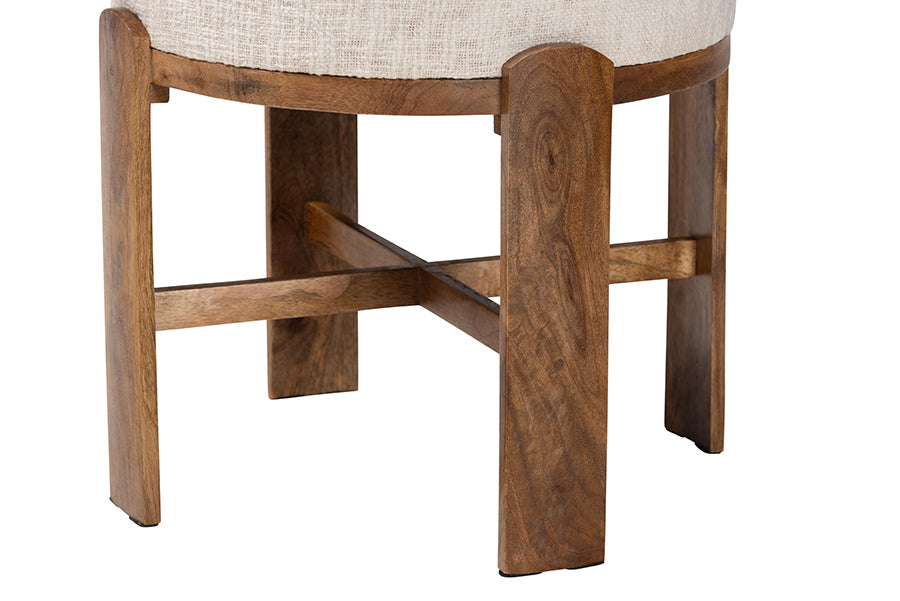 Baxton Studio Whitfield Round Fabric Ottoman Stool - Modern Accent Seating or Footstool with Upholstered Cushion and Mango Wood Frame for Living Room, Bedroom, or Lounge Seating