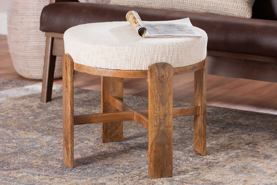 Baxton Studio Whitfield Round Fabric Ottoman Stool - Modern Accent Seating or Footstool with Upholstered Cushion and Mango Wood Frame for Living Room, Bedroom, or Lounge Seating