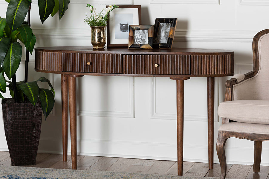 Baxton Studio Linore Fluted Wood Console Table - 2-Drawer Oval Accent Table for Living Room or Entryway
