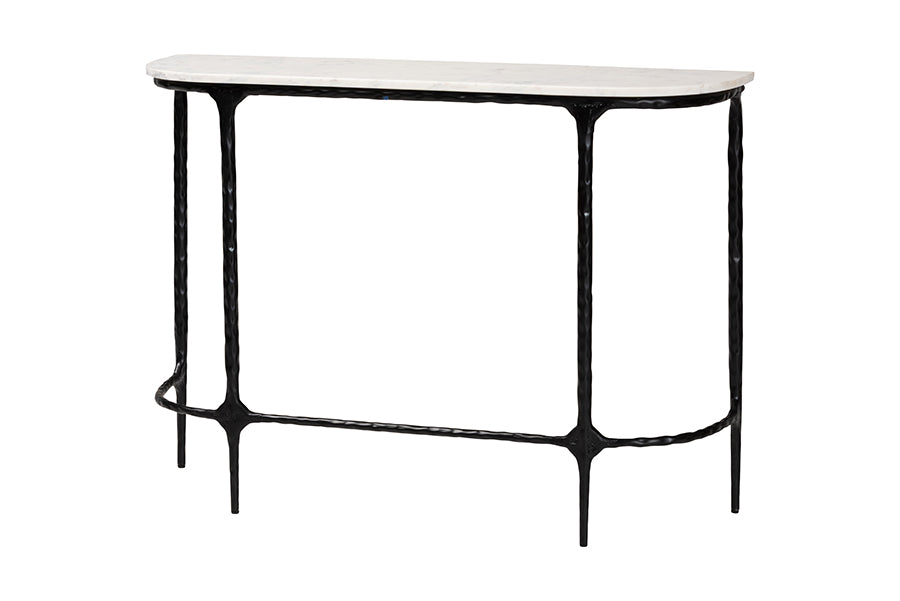Baxton Studio Edsel Marble Console Table - Modern Rustic Accent Table with Hand-Forged Metal Frame for Living Room or Entryway, Rounded
