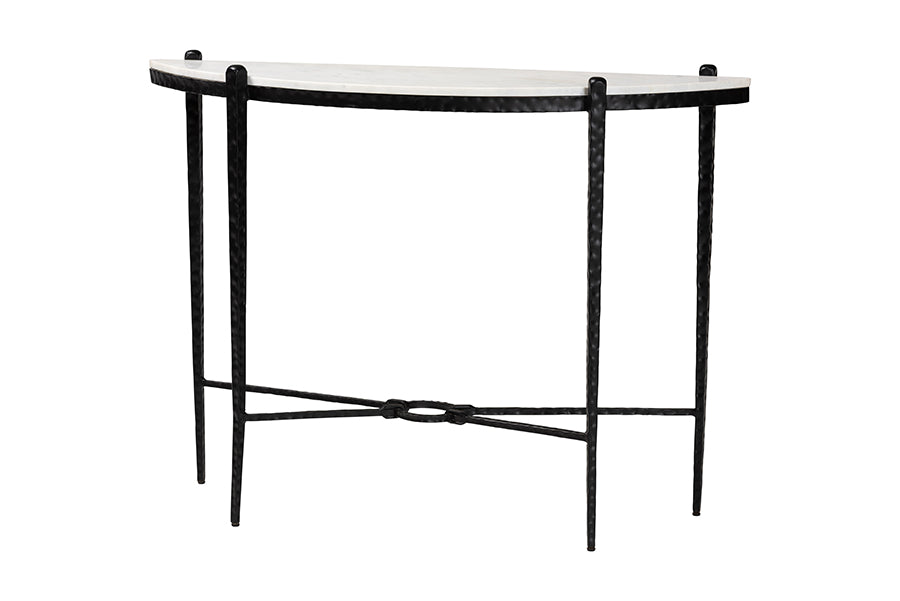 Baxton Studio Caledon Marble Console Table - Modern Rustic Accent Table with Hand-Forged Metal Frame and Half-Moon Tabletop