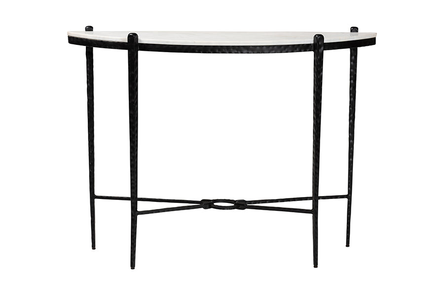Baxton Studio Caledon Marble Console Table - Modern Rustic Accent Table with Hand-Forged Metal Frame and Half-Moon Tabletop