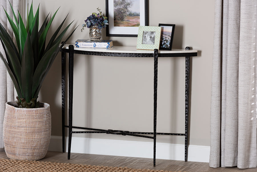 Baxton Studio Caledon Marble Console Table - Modern Rustic Accent Table with Hand-Forged Metal Frame and Half-Moon Tabletop