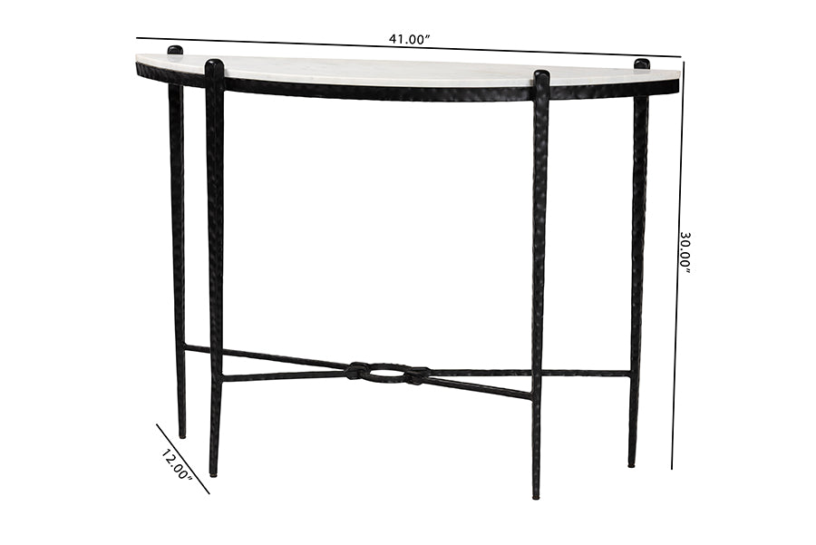 Baxton Studio Caledon Marble Console Table - Modern Rustic Accent Table with Hand-Forged Metal Frame and Half-Moon Tabletop