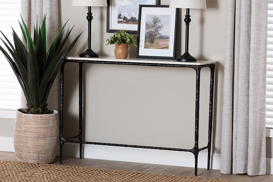 Baxton Studio Edsel Marble Console Table - Modern Rustic Accent Table with Hand-Forged Metal Frame for Living Room or Entryway, Rectangle