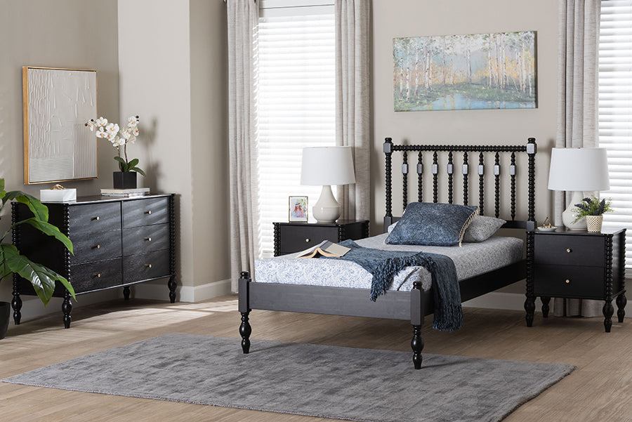 Baxton Studio Callison Spindle 4-Piece Bedroom Set - Farmhouse Platform Bed with Matching Dresser and 2-Drawer Nightstands, Black, Twin