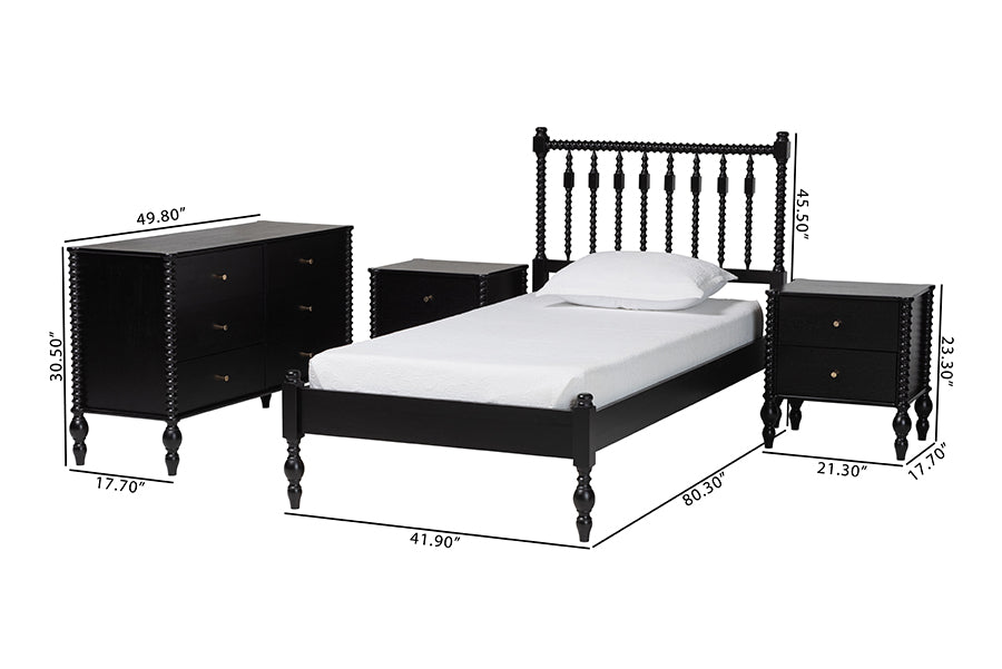 Baxton Studio Callison Spindle 4-Piece Bedroom Set - Farmhouse Platform Bed with Matching Dresser and 2-Drawer Nightstands, Black, Twin