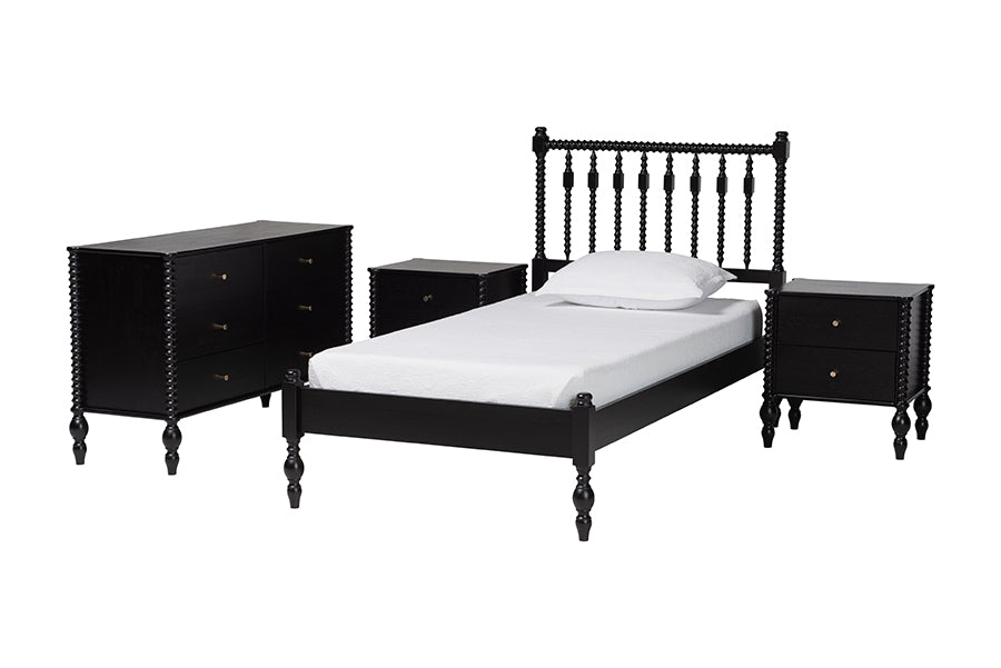 Baxton Studio Callison Spindle 4-Piece Bedroom Set - Farmhouse Platform Bed with Matching Dresser and 2-Drawer Nightstands, Black, Twin