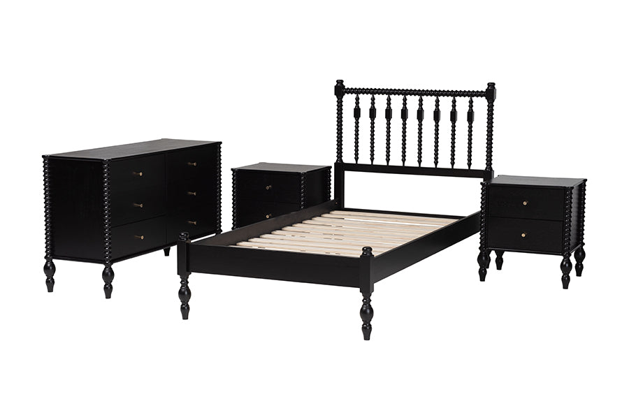 Baxton Studio Callison Spindle 4-Piece Bedroom Set - Farmhouse Platform Bed with Matching Dresser and 2-Drawer Nightstands, Black, Twin