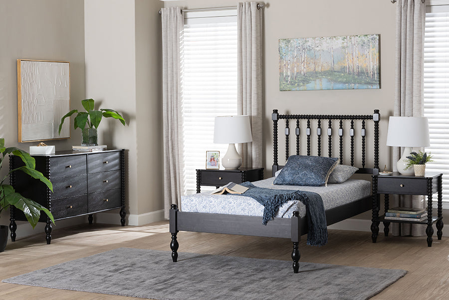 Baxton Studio Denita Spindle 4-Piece Bedroom Set - Farmhouse Platform Bed with Matching Dresser and 1-Drawer Nightstands, Black, Twin
