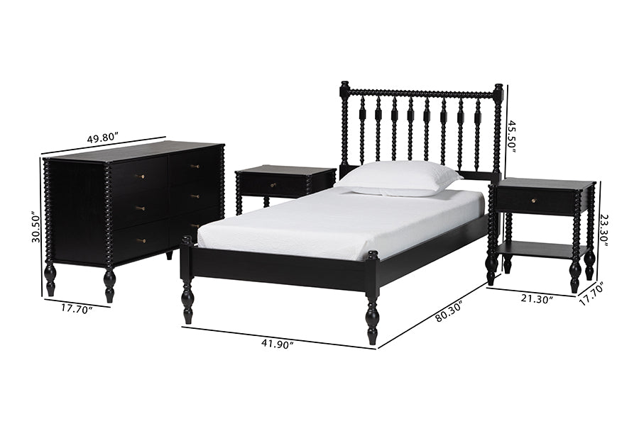 Baxton Studio Denita Spindle 4-Piece Bedroom Set - Farmhouse Platform Bed with Matching Dresser and 1-Drawer Nightstands, Black, Twin