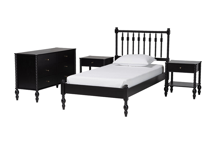Baxton Studio Denita Spindle 4-Piece Bedroom Set - Farmhouse Platform Bed with Matching Dresser and 1-Drawer Nightstands, Black, Twin