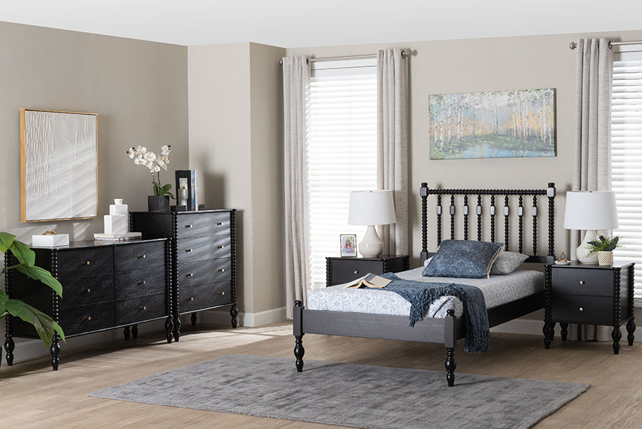 Baxton Studio Callison Spindle 5-Piece Bedroom Set - Farmhouse Platform Bed with Matching Dresser, Chest, and 2-Drawer Nightstands, Black. Twin